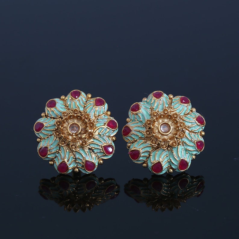 Kundan White Meena Floral Hand Painted Stud Earrings for Women