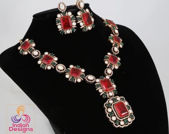 Victorian gold polish american diamond necklace set| statement necklace| polki kundan stone necklace| indian wedding jewelry| gift for her