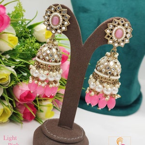 Designer Bollywood party wear Long Kundan Jhumka With Color beads and Pearl drops