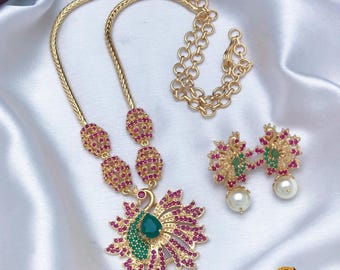 Peacock Pendant Necklace Set with Earrings| Gold Plated CZ Ruby Emerald Pearl Jewelry| Indian Wedding Necklace| AD necklace set|Gift for her