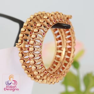 Gold plated kada bangles for ladies | Screw openable Polki kada bangle | Pair of Indian Wedding bangles studded with Ruby white round stones