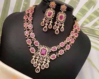 Exclusive Gold Plated American Diamond necklace with Emerald cut Ruby stones| Two layer AD necklace Indian Wedding jewelry set| Gift for her