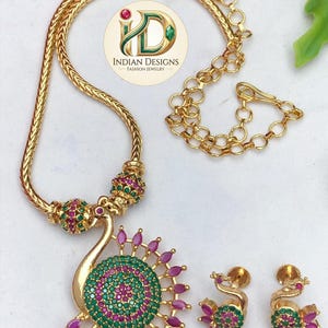 Gold plated peacock necklace set| south indian ad stone jewelry| traditional ruby emerald white pendant| simple bollywood wedding gift