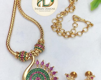 Gold plated peacock necklace set| south indian ad stone jewelry| traditional ruby emerald white pendant| simple bollywood wedding gift