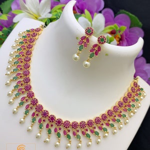 Ruby and Emerald crystal four star Design Necklace | American Diamond  choker Necklace with fair price | Ruby Emerald CZ diamond necklace