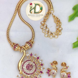 Gold plated peacock necklace set| south indian ad stone jewelry| traditional ruby emerald white pendant| simple bollywood wedding gift