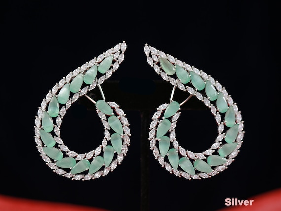 Designer Earrings for Women American Diamond Big Earrings Bridal Earrings Mint Green Latest Punjabi Suit Earrings Party Wear Earring Etsy UK