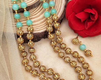 Traditional handcrafted golden beads long matar mala necklace earring set | 22 inch two layer gold balls chain mala set | gujarati jewelry