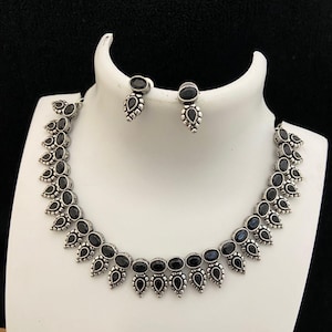 Oxidized silver necklace set | german silver necklace set india | antique finish silver choker necklace | black polish american diamond set Black