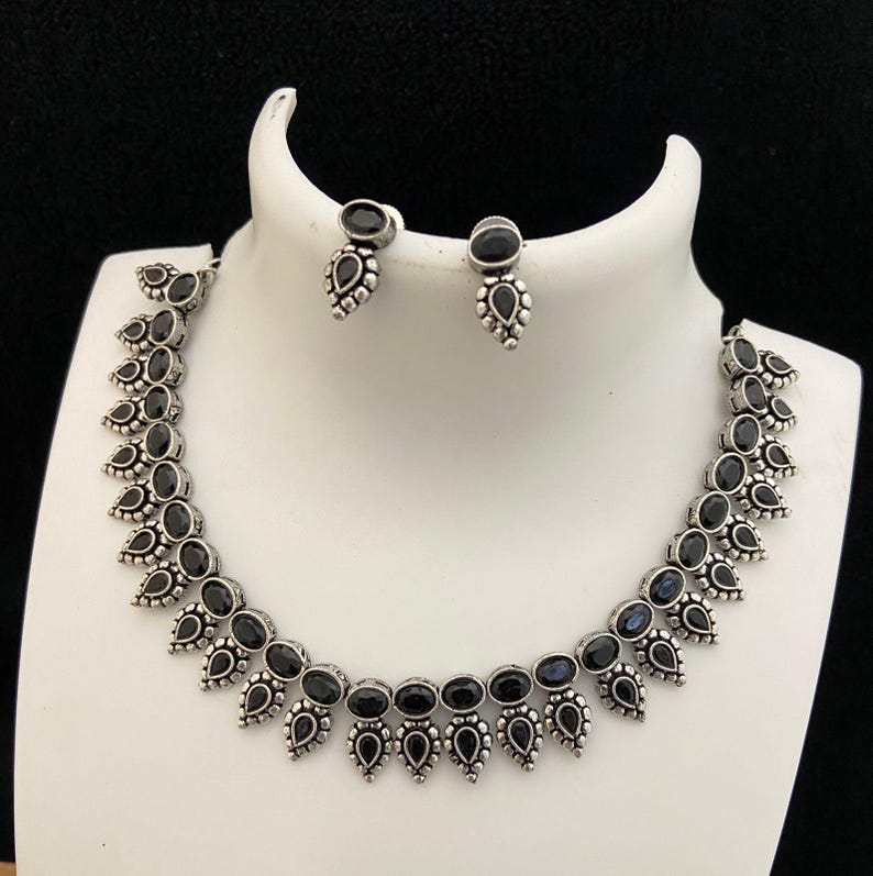 Oxidized silver necklace set | german silver necklace set india | antique finish silver choker necklace | black polish american diamond set Black