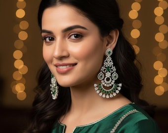 American Diamond Emerald Silver Chandbali Earrings | Silver  Party wear Indian Pakistani Wedding Earrings |Statement Earrings |Gift for Her