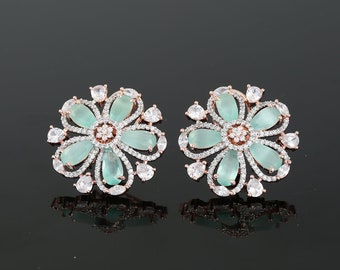 Rose Gold Plated American Diamond and CZ Floral Design Fashion Clip on Stud Tops|Wedding Earrings|Traditional Indian Bollywood Stud Earrings