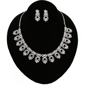 Amerikanische Diamanten Silber / rhodiniert Halskette Ohrring Set | CZ Luxus Mode Hochzeit Schmuck | Statement Braut Halskette | Geschenk für sie