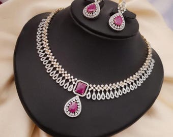 Diamond replica ad stone choker necklace set| cz american diamond necklace & earrings| ruby emerald two-tone jewelry| indian wedding choker