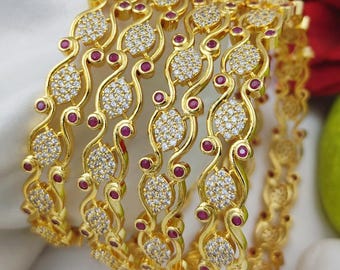 Gold-Plated Ruby and CZ Stone Studded Bangles for Women set of 4| Lightweight Party-wear American Diamond Wedding Bangles| gift for her