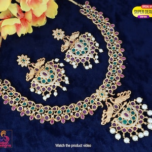 Gold Plated American Diamond Necklace & Earrings| Statement Necklace| Indian CZ Wedding Jewelry| Peacock Designs Necklace| Kundan Necklace|