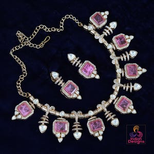 Lavender Doublet and Moissanite stone Necklace & Earring Set| Victorian Gold Purple Kundan Sabyasachi Inspired Jewelry| Statement necklace