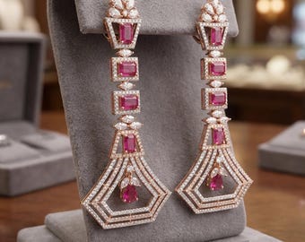Art Deco Geometric Drop Earrings in 18K Rose Gold Finish| Long Statement Dangle Earrings for wedding| Emerald Pink Sapphire Bridal Jewelry