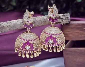 Peacock AD Jhumka Earrings Gold Plated| Ruby White American Diamond Temple Jhumkas| Bridal South Indian Jewelry|Gift for her
