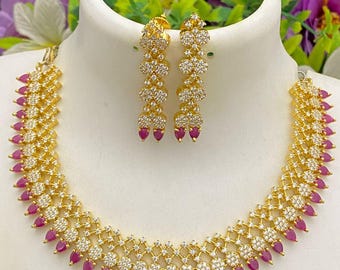 Ruby pear cz necklace & earrings set: gold plated indian bridal jewelry