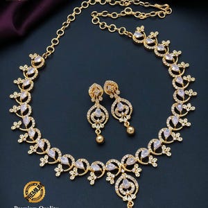 Gold plated american diamond necklace & earrings| ruby green cz diamond choker| stylish indian jewelry| statement necklace| gift for her