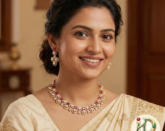 Ruby Emerald Pearl Necklace Set| AD Stone Choker with Earrings| Gold Plated Pearl & CZ Necklace Set|Indian Wedding Jewelry| Gift for Her