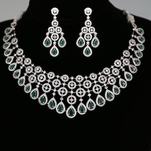 American Diamond Wedding Choker necklace low price | Cz Crystal choker necklace | Rhodium-Silver tone AD Bridal choker set | Indian Designs