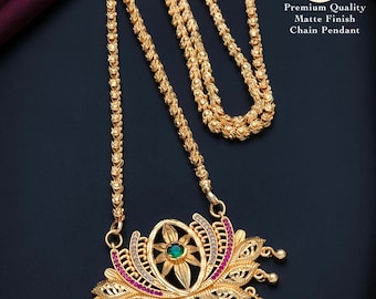 Gold Plated Lotus Pendant Chain Necklace| American Diamond Ruby Green Pendant Jewelry| Traditional South Indian statement Pendant Necklace|