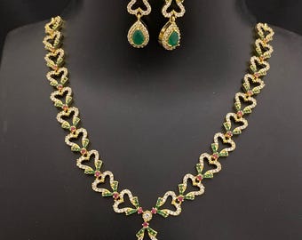 Gold plated heart link necklace set: teardrop pendant, cz american diamond