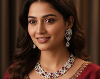 American diamond double line necklace set| cz stone party wear jewelry| indian wedding party wear jewelry| statement jewelry indian designs