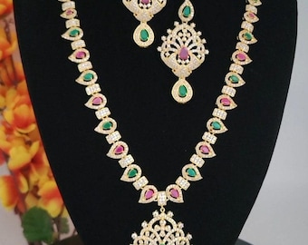 Gold plated american diamond long necklace and  earrings set| cz diamond topaz/ruby/emerald stones studded indian wedding bridal  jewelry