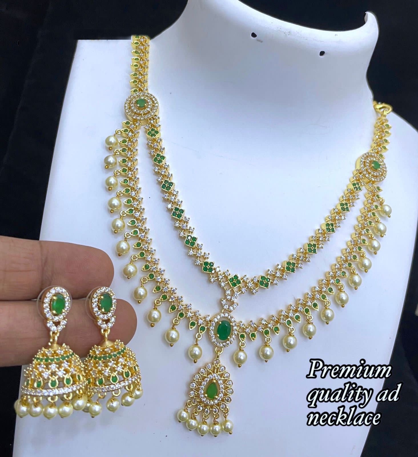 Emerald Indian Stone American Style Pearl Drops - Gorgeous Necklace South Diamond AD Color Ruby With Etsy Two Layer Crystal Necklace Jewelry