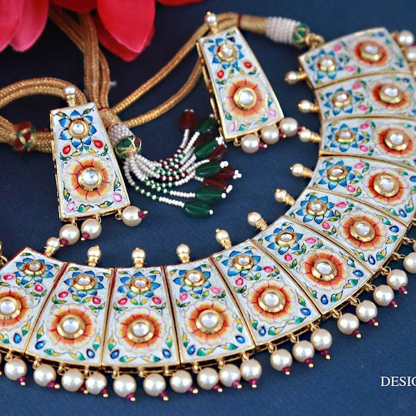 Hand painted meenakari choker designs | Rajasthani meenakari jewelry Collection |  kundan pearl necklace online | Indian wedding choker set