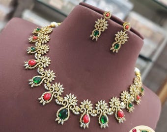 Antique Gold Coral Emerald Necklace Set| Traditional Indian Wedding Set| CZ Floral Necklace & Earrings| Moonga Stone Necklace| gift for her|
