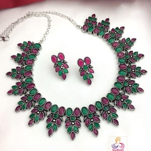 Oxidized silver necklace set | german silver necklace set india | antique finish silver choker necklace | black polish american diamond set image 7