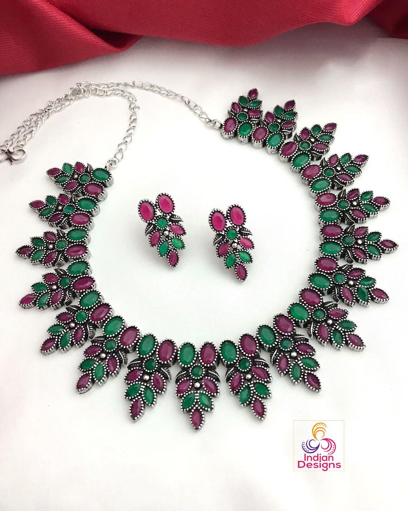 Oxidized silver necklace set | german silver necklace set india | antique finish silver choker necklace | black polish american diamond set image 7