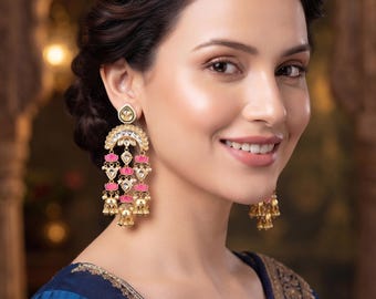 Indian Lotus Jhumka Earrings| Gold Tone Kundan Style Chandbali Earrings| Bridal Jhumka Earrings| Bohemian Bridal Earrings| Gift for her