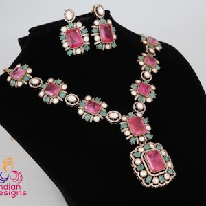 Doublet stone Moissanite Polki Necklace & Earring Set| Victorian Gold Emerald and Pink Kundan Sabyasachi Statement necklace set|Gift for her