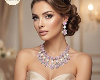 Pink American Diamond & Pearl Necklace Set| Silver Plated AD Bridal Jewelry| Party Wear Statement Necklace| Wedding Gift| Gift for her