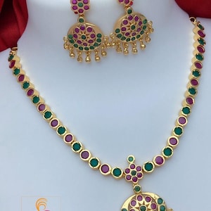 Gold plated ruby emerald attigai necklace earring set| american diamond cz choker simple necklace| south indian style necklace| gift for her
