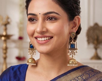 Antique Gold long Jhumka Earrings| temple style pearl drop stone earrings| traditional traditional indian wedding jewelry| Baby Pink & Green