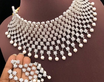Collana girocollo con finitura argento e orecchini/collana di diamanti americana/set girocollo da festa/gioielli da matrimonio indiani/collana girocollo pakistana