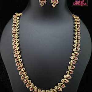 Antique Gold Plated Ruby Stone Necklace Earrings Set| Antique Haram Style Jewelry| Indian Bridal Jewelry| Party wear necklace| Wedding Gift