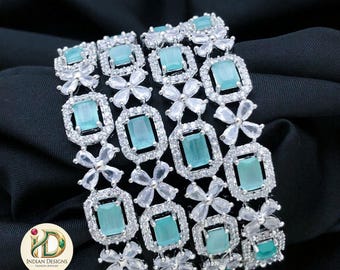 Rhodium Mint Green AD Bangles Set| American Diamond CZ Bridal Bracelets| Pastel Green Stone Indian Wedding Kada| Silver Plated Bangle Set.