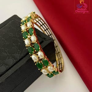Gold plated ad stone bangle| openable ruby emerald pearl bracelet| bollywood wedding jewelry| indian bangle| traditional ethnic gift for her