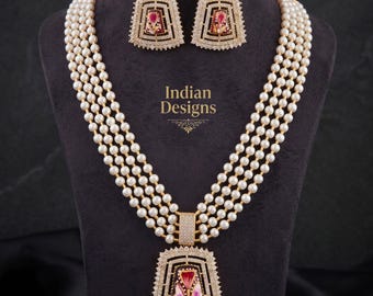 Multi strand pearl layered necklace| Synthetic Pearl Mala for Weddings & Bridal Wear| Hand-Painted Floral Enamel Pendant Set| gift for her