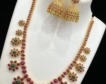 Matte Gold Original Kemp stone long necklace with Jhumka Earrings | South Indian Temple jewelry Wedding necklace | Long Haram and Jhumka set