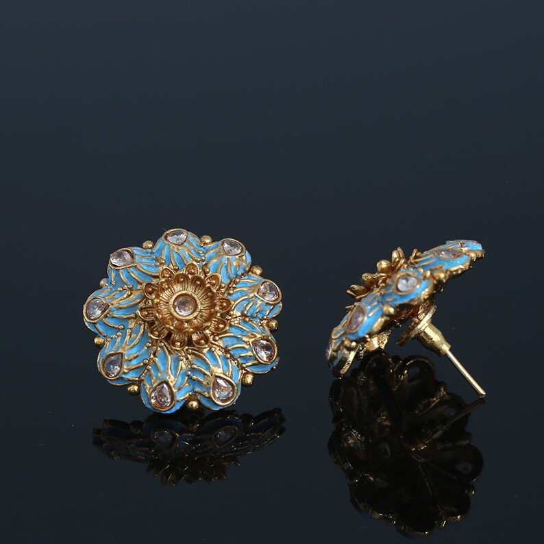 Kundan White Meena Floral Hand Painted Stud Earrings for Women