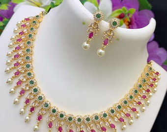 American diamond necklace set | Indian bridal necklace set online | gold-plated AD necklace set with earrings | Multi color crystal necklace