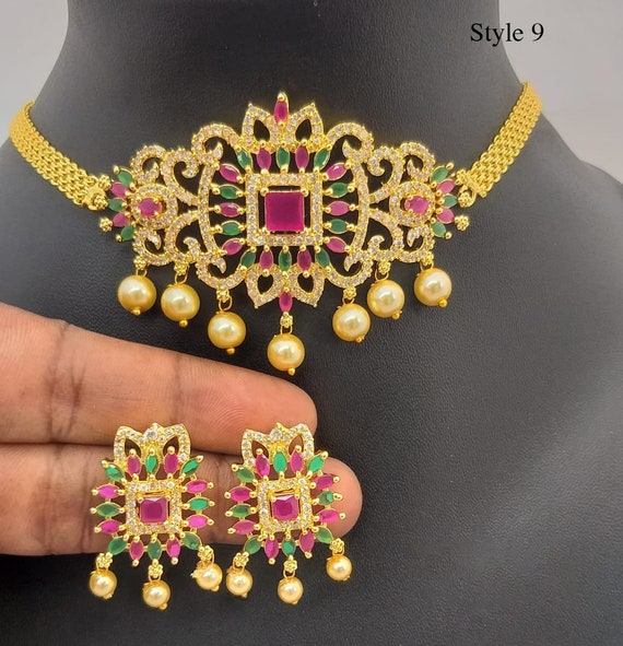 South Indian Choker Necklace Designs Small Gold Choker Necklace Designs With Pearl Drops and AD Stones American Diamond Necklace Online Etsy Canada